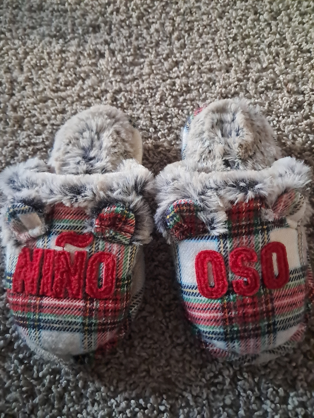 Plaid Faux-Fur Kids Slippers with Embroidered Letters - Red Plaid